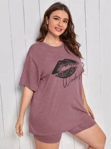 SHEIN Plus Mouth Print Tee & Cycling Shorts PJ Set - Redwood - View 3