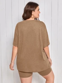 SHEIN Plus Mouth Print Tee & Biker Shorts PJ Set - Camel - View 2