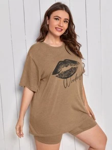 SHEIN Plus Mouth Print Tee & Biker Shorts PJ Set - Camel - View 3