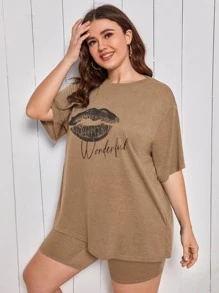SHEIN Plus Mouth Print Tee & Biker Shorts PJ Set - Camel - View 4