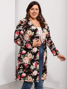 EMERY ROSE Plus Floral Print Open Front Coat - Multicolor - View 4