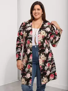 EMERY ROSE Plus Floral Print Open Front Coat - Multicolor - View 1