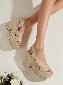 Giày bệt dày và Dép nêm Nữ màu trơn Dây đeo mắt cá chân Kỳ nghỉ - Màu be - Xem 1