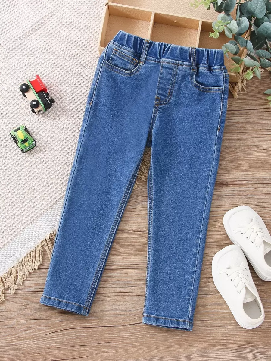 中性時尚休閒百搭帶彈性腰身牛仔褲，適合年輕男孩 - 中等水洗藍 - 查看 1