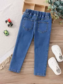 中性時尚休閒百搭帶彈性腰身牛仔褲，適合年輕男孩 - 中等水洗藍 - 查看 2