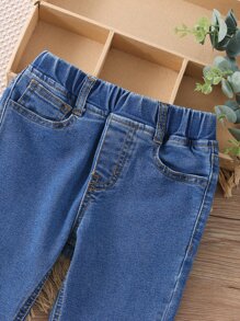 中性時尚休閒百搭帶彈性腰身牛仔褲，適合年輕男孩 - 中等水洗藍 - 查看 4