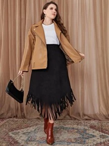 Modelyn Váy Plus Size Bất đối xứng mép màu trơn Thanh lịch - màu đen - Xem 3