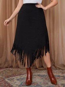 Modelyn Váy Plus Size Bất đối xứng mép màu trơn Thanh lịch - màu đen - Xem 4