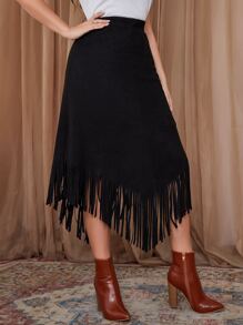 Modelyn Váy Plus Size Bất đối xứng mép màu trơn Thanh lịch - màu đen - Xem 1