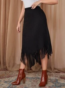Modelyn Váy Plus Size Bất đối xứng mép màu trơn Thanh lịch - màu đen - Xem 5