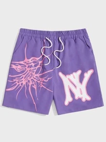 ROMWE MEN Street Life Guys Letter Graphic Drawstring Shorts - Purple - View 1