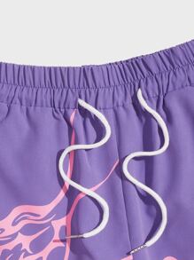 ROMWE MEN Street Life Guys Letter Graphic Drawstring Shorts - Purple - View 3