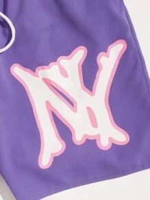 ROMWE MEN Street Life Guys Letter Graphic Drawstring Shorts - Purple - View 4