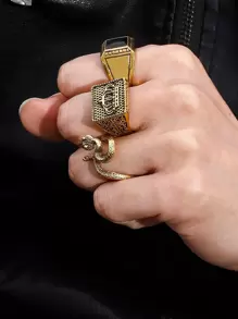 時尚流行3件套男士幾何裝飾戒指不銹鋼珠寶禮物和時尚外觀 - 金黃色 - 查看 2