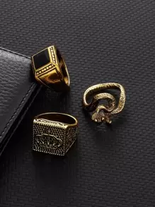 時尚流行3件套男士幾何裝飾戒指不銹鋼珠寶禮物和時尚外觀 - 金黃色 - 查看 3
