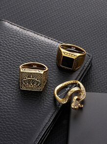 時尚流行3件套男士幾何裝飾戒指不銹鋼珠寶禮物和時尚外觀 - 金黃色 - 查看 4