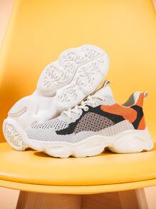 Men Color Block Lace-up Front Chunky Sneakers - Orange - View 2