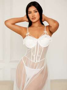 Classic Sexy Polka Dot Sheer Mesh Bow Ruffle Trim Slips Without Thong - White - View 4