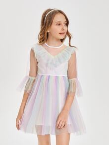 SHEIN Ombre Ruffle Trim Flounce Sleeve Mesh Flower Girl Dress - Multicolor - View 3