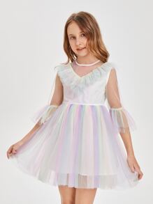 SHEIN Ombre Ruffle Trim Flounce Sleeve Mesh Flower Girl Dress - Multicolor - View 5