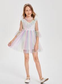 SHEIN Ombre Ruffle Trim Flounce Sleeve Mesh Flower Girl Dress - Multicolor - View 4
