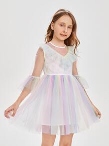 SHEIN Ombre Ruffle Trim Flounce Sleeve Mesh Flower Girl Dress - Multicolor - View 1