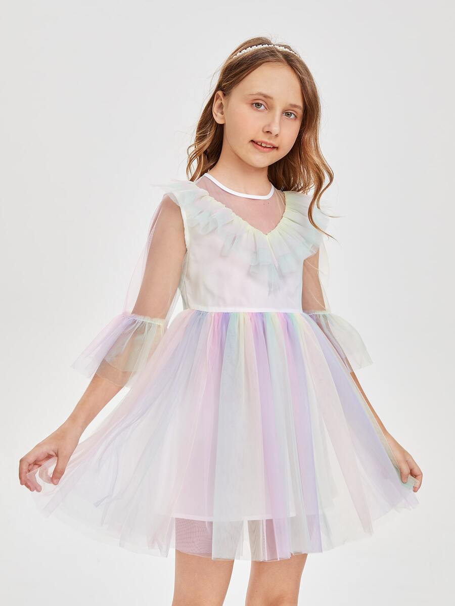 SHEIN Ombre Ruffle Trim Flounce Sleeve Mesh Flower Girl Dress - Multicolor - View 1
