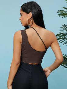 SHEIN SXY Áo nữ Bất đối xứng Cắt ra Xù nhỏ màu trơn Gợi cảm - Màu nâu Sô-cô-la - Xem 2