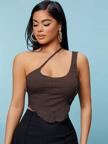 SHEIN SXY Áo nữ Bất đối xứng Cắt ra Xù nhỏ màu trơn Gợi cảm - Màu nâu Sô-cô-la - Xem 6