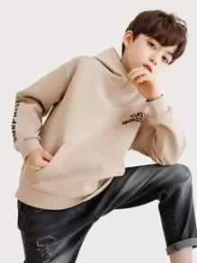 青少年男孩标语和卡通图案袋鼠口袋卫衣 - 杏色 - 查看 8