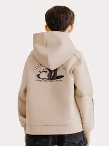 青少年男孩标语和卡通图案袋鼠口袋卫衣 - 杏色 - 查看 1