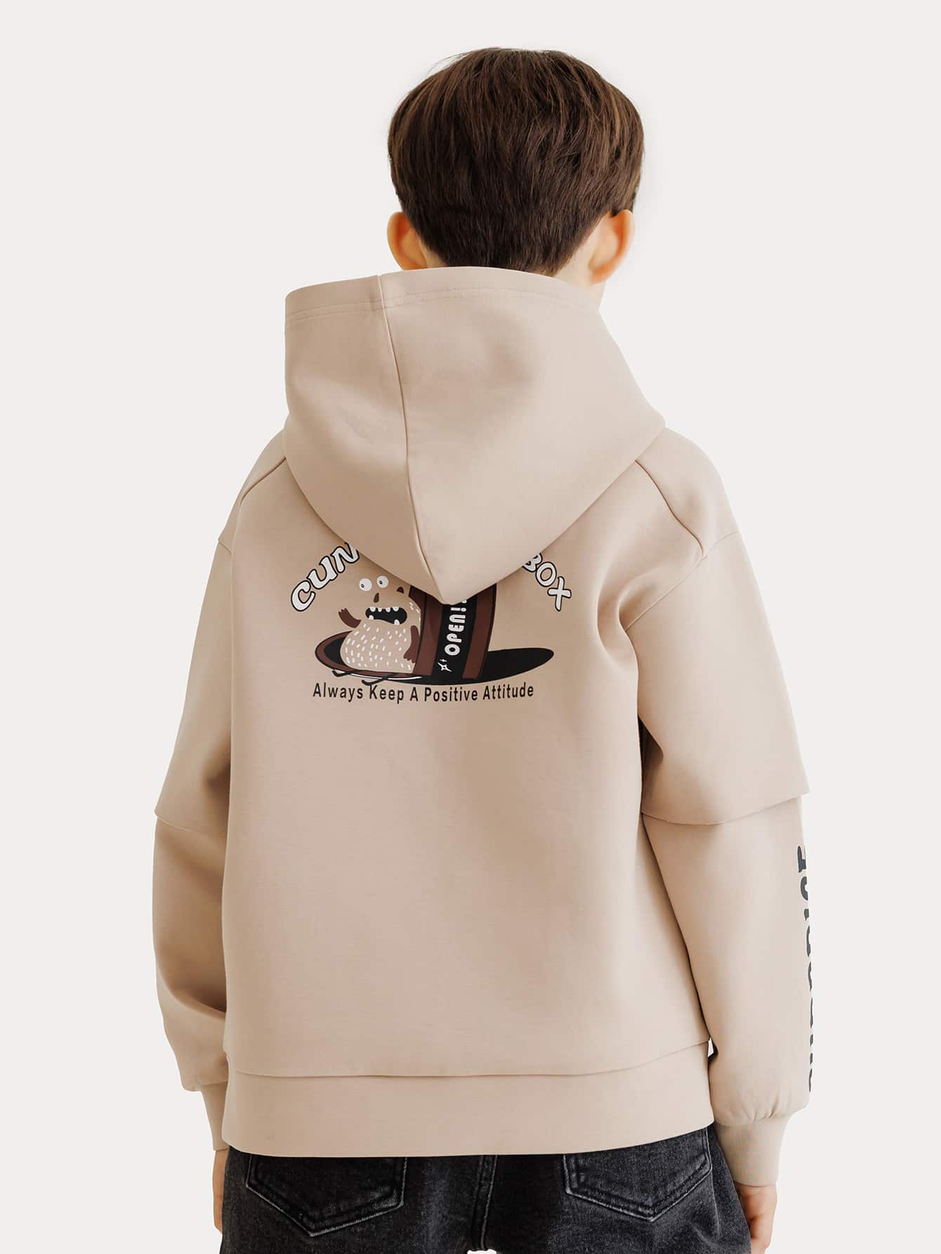 青少年男孩标语和卡通图案袋鼠口袋卫衣 - 杏色 - 查看 1