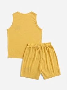 SHEIN 少年男孩字母圖案背心和運動短褲套裝 - 黃色 - 查看 3