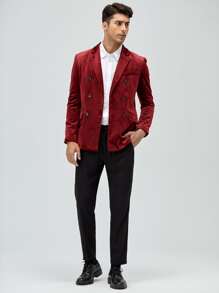 Manfinity Men Double Breasted Flap Pocket Velvet Blazer - Burgundy - View 3