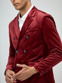 Manfinity Men Double Breasted Flap Pocket Velvet Blazer - Burgundy - View 4