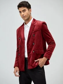 Manfinity Men Double Breasted Flap Pocket Velvet Blazer - Burgundy - View 6