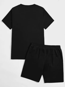 Manfinity VCAY Men Letter Graphic Tee & Track Shorts Set - Black - View 2