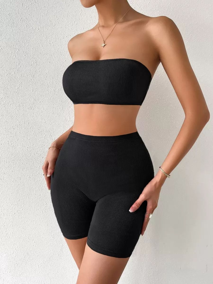 Chiquease Ribbed Knit Crop Tube Top & Biker Shorts - Black - View 1
