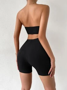 Chiquease Ribbed Knit Crop Tube Top & Biker Shorts - Black - View 2