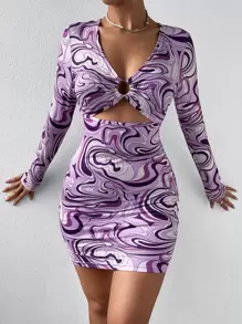 Marble Print Ring Linked Peekaboo Front Bodycon Dress - Purple - View 1