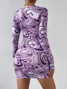 Marble Print Ring Linked Peekaboo Front Bodycon Dress - Purple - View 2