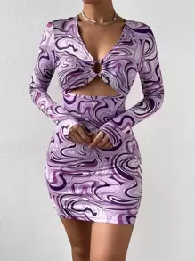 Marble Print Ring Linked Peekaboo Front Bodycon Dress - Purple - View 3