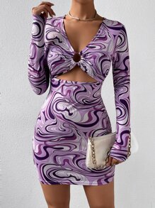 Marble Print Ring Linked Peekaboo Front Bodycon Dress - Purple - View 4