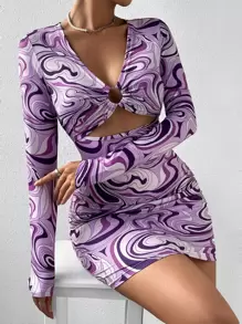 Marble Print Ring Linked Peekaboo Front Bodycon Dress - Purple - View 6