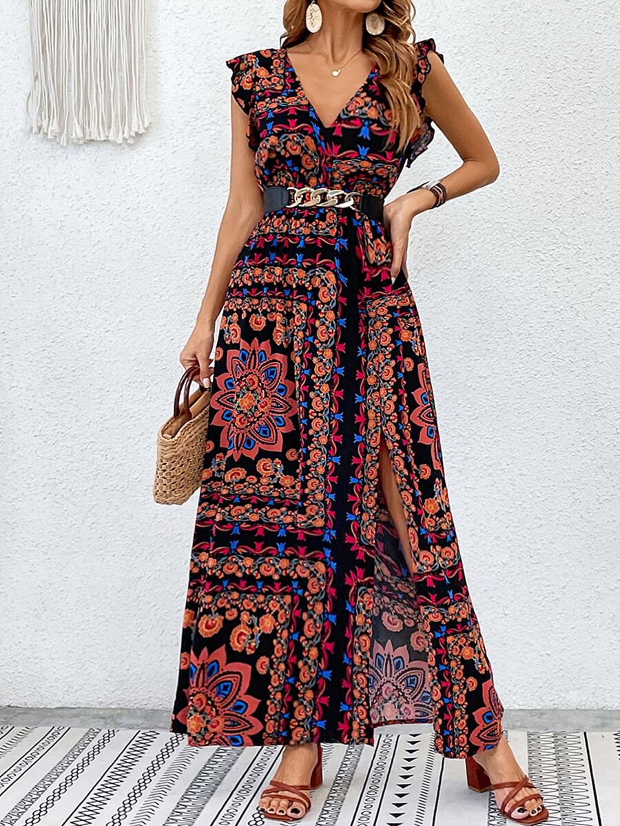 Breezaya 印花蝴蝶袖高開叉連衣裙不附腰帶 - 彩色 - 查看 1