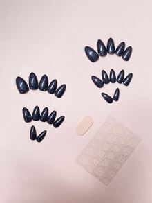 24 piezas Uña postiza stiletto corto & 1 pieza lima de uñas & 1 hoja cinta - Negro - Ver 2