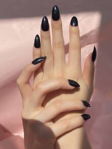 24 piezas Uña postiza stiletto corto & 1 pieza lima de uñas & 1 hoja cinta - Negro - Ver 5