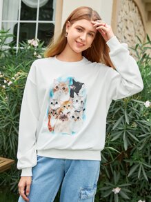 SHEIN MOD Sudadera con estampado de gato de hombros caídos - Blanco - Ver 2