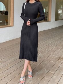 DAZY Ladies áo len váy Gân đan màu trơn Thanh lịch - màu đen - Xem 1