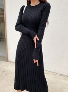 DAZY Ladies áo len váy Gân đan màu trơn Thanh lịch - màu đen - Xem 4